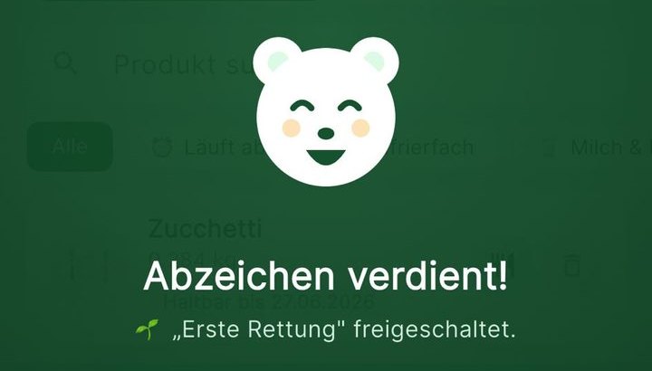 Kühlbär-App: Kühli freut sich, Abzeichen «Erste Rettung» freigeschaltet