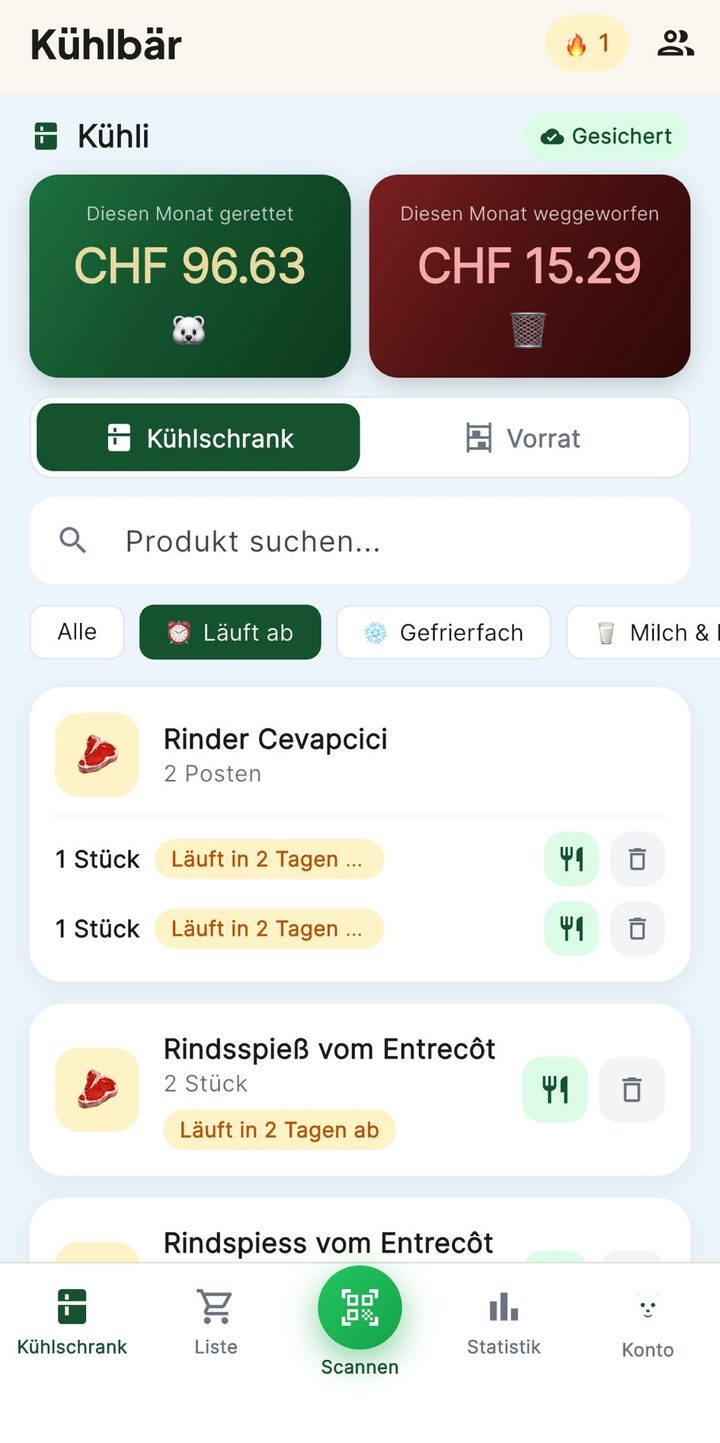 Kühlbär-App: Kühlschrank mit Spar-Counter, Filter «Läuft ab» und Artikeln