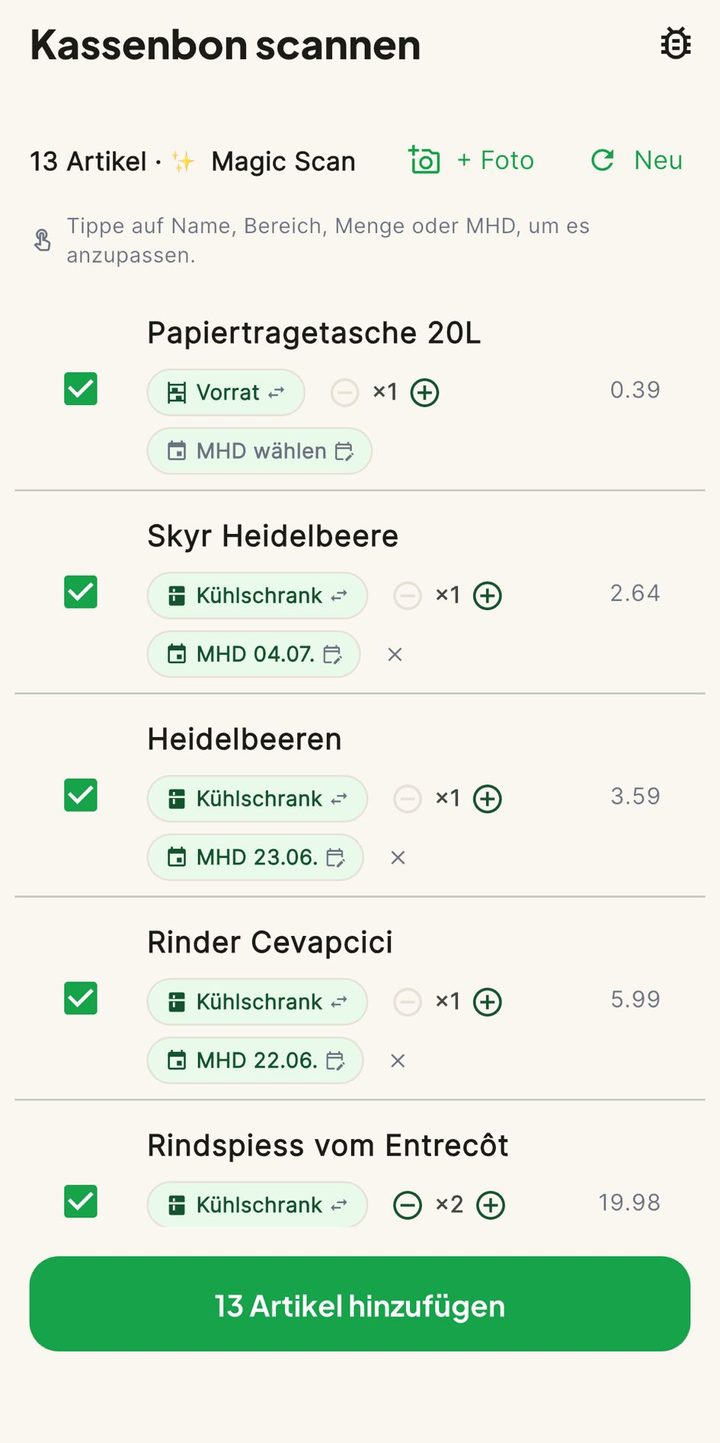 Kühlbär-App: erkannte Artikel aus einem Kassenbon mit Fach und Ablaufdatum
